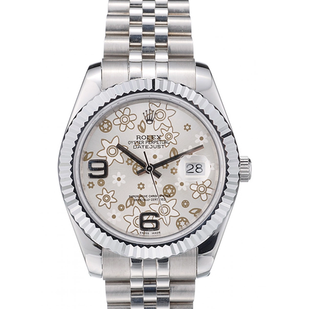 Aaa replica Rolex DateJust Ribbed Bezel Swiss Steel Stainless Flower Silver Dial 42001 0730